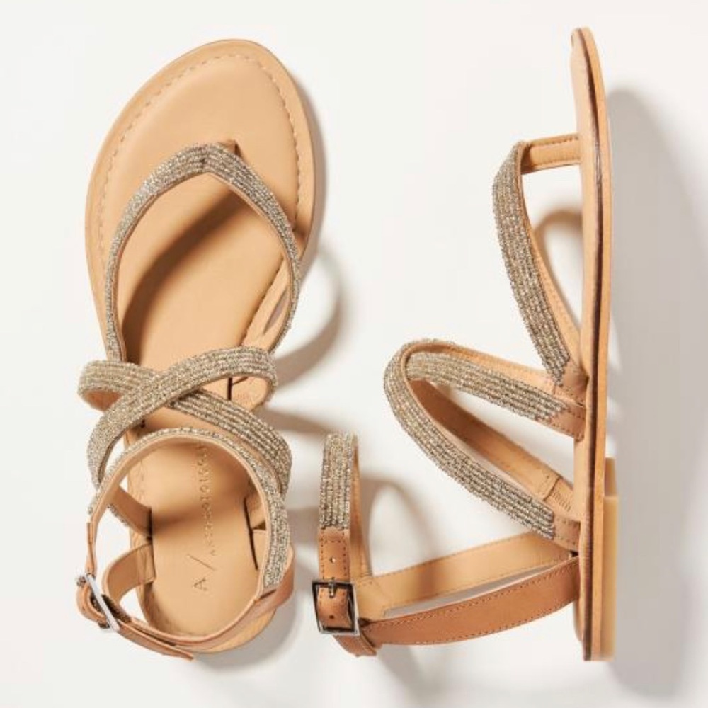 Anthropologie Embellished Gladiator Sandals Beaded nude tan silver 41 11